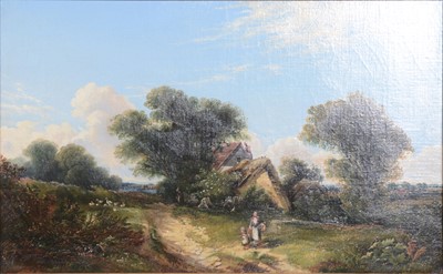 Lot 310 - Victorian oil on re-lined canvas, rural scene with cottage and figures.