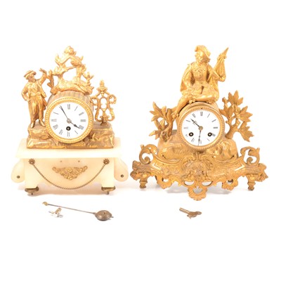 Lot 195 - French gilt spelter and alabaster mantel clock and another gilt spelter clock