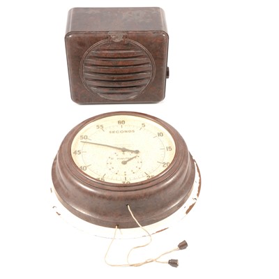 Lot 196 - Bakelite case 'seconds dial' wall clock, and a bakelite speaker.