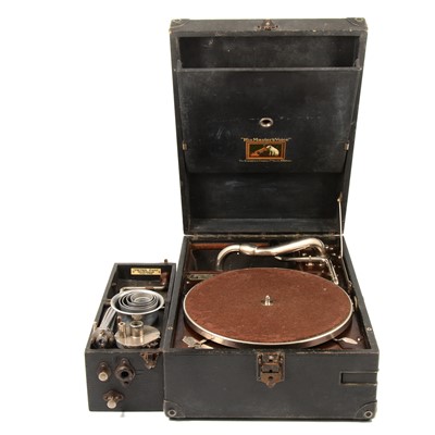 Lot 197 - Brownie box type portable record player; an HMV portable gramophone.