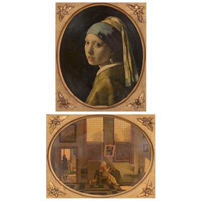 Lot 303 - After Johannes Vermeer, The Girl with A Pearl Earring another Dutch interior in gilt gesso frames.