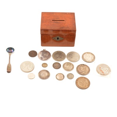 Lot 382 - A collection of coins in a wooden money box and a silver salt spoon.