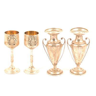 Lot 276 - Pair of silver Silver Jubilee goblets, Sterling Silverware Ltd, Sheffield 1977, and pair of silver vases.