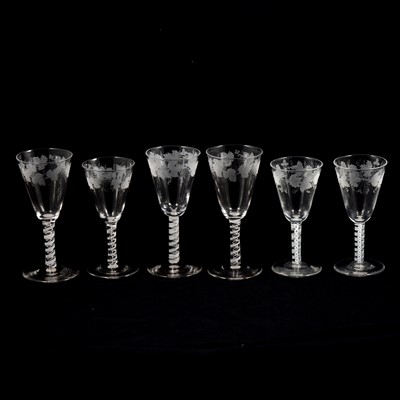 Lot 149A - Six Victorian opaque airtwist and engraved wine glasses.