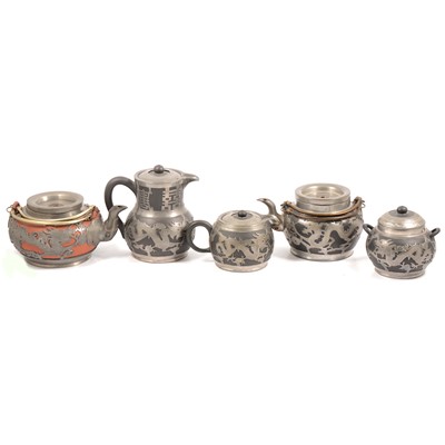Lot 157A - A Chinese redware teapot, early 20th century Chinese black basalt overlaid with pewter four piece teaset.