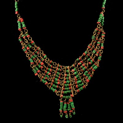 Lot 450 - Five ancient  Egyptian bead necklaces, simulated scarab jewellery.