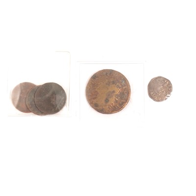 Lot 238 - Richard I silver denier, Edward I silver penny, James II Gunmoney and three early farthings.