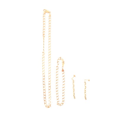 Lot 223 - A modern 9 carat yellow gold neck chain, bracelet and a pair of drop earrings.