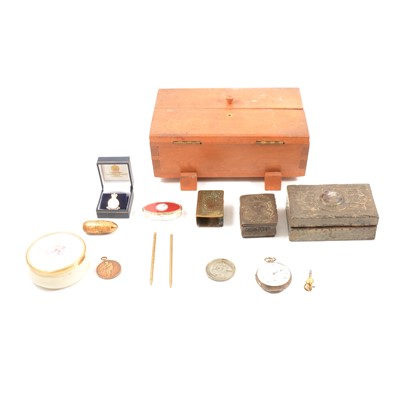 Lot 508 - A wooden casket with military buttons; pocket watch; sewing tidy; matchbox holder.