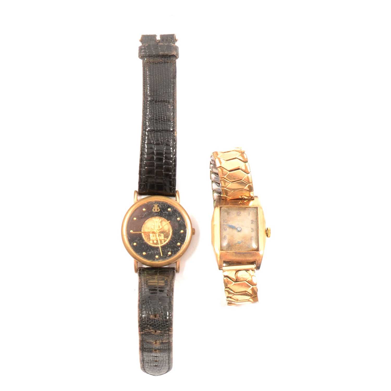 Lot 323 - J W Benson London - a 9 carat gold gentleman's wristwatch, a modern gold-plated watch, and a fertility charm.