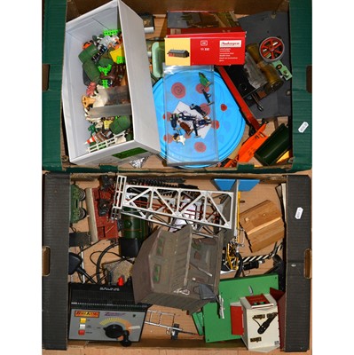 Lot 170 - Two trays of model railway items and models, including Hornby O gauge 0-4-0 clock-work locomotive