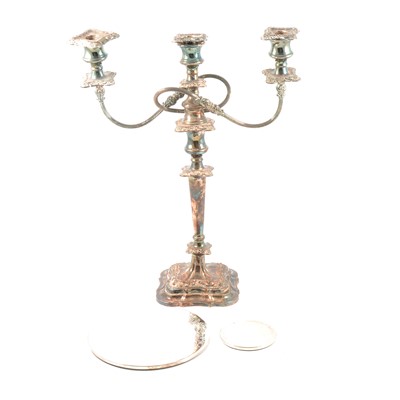 Lot 132 - Three-light silver plated candelabra and a set of plated coasters