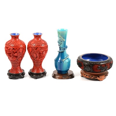 Lot 22 - A pair of modern cinnabar resin vases, bowl and blue dragon vase.
