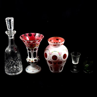 Lot 71 - Two Victorian overlaid and painted glass vases, and other glassware