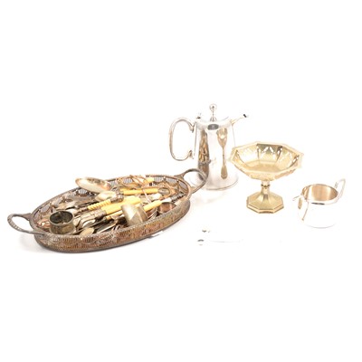 Lot 169 - Silver-plated trays, lidded entree dishes, fish servers, coffee spoons and other cutlery.