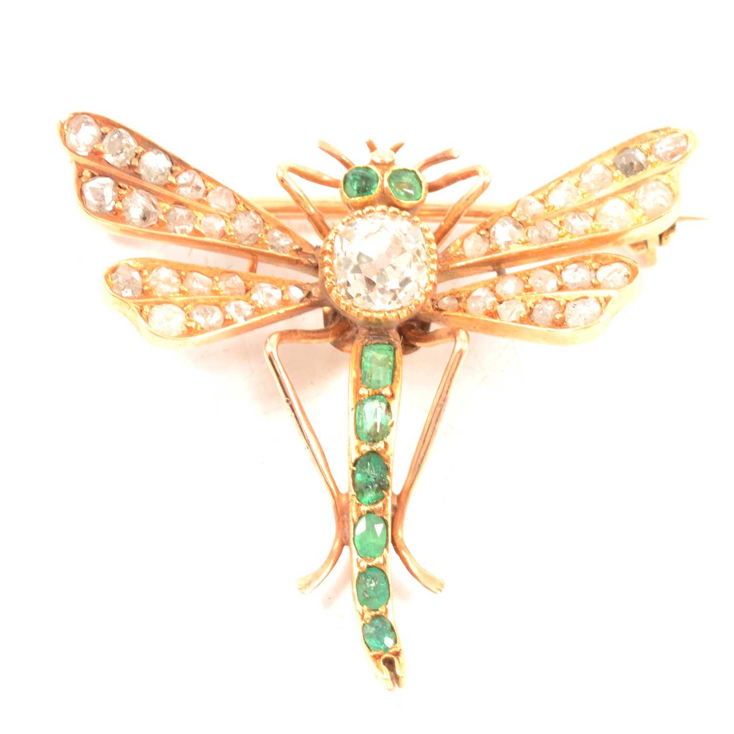 196 - An emerald and diamond dragonfly bug brooch.