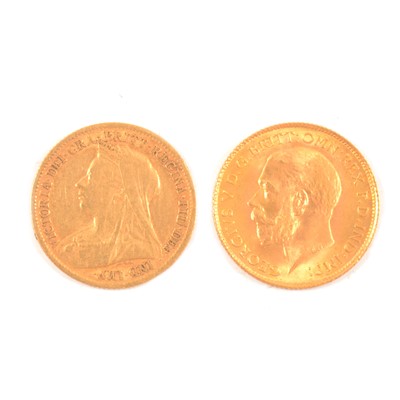 Lot 145 - Two Gold Half Sovereign Coins, Victoria Veiled Head 1900; George V 1914.