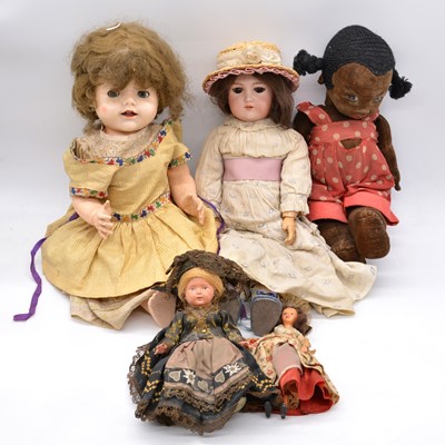 Lot 1001 - German bisque head doll, unbranded; Nora Welling felt type doll; and three other dolls.