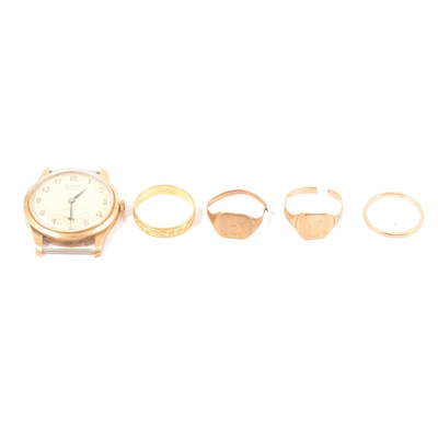 Lot 165 - Two gold wedding rings, two broken rings and a gold watch.