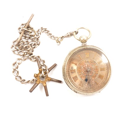 Lot 290 - An open face pocket watch and silver chain.