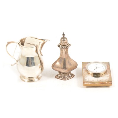 Lot 293 - Silver cream jug, J B Chatterley & Sons Ltd, Birmingham 1960, pepperette and travel clock.