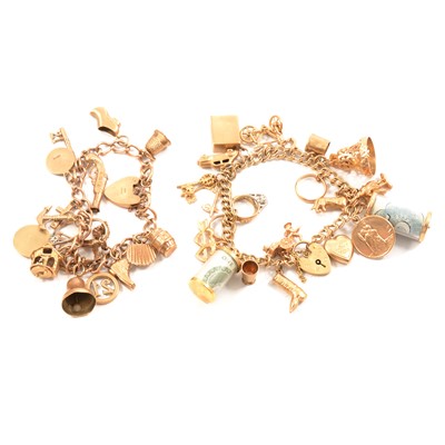 Lot 172 - Two 9 carat gold charm bracelets with charms including emergency notes.