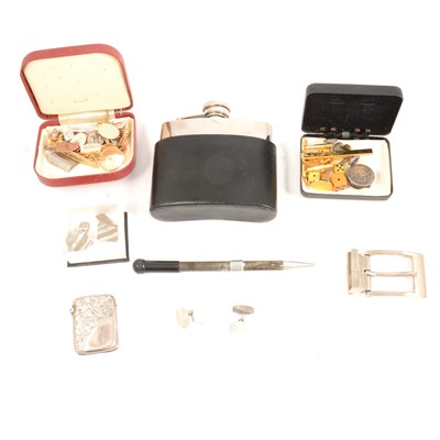 Lot 290 - Two pairs of gold cufflinks, other cufflinks, dress studs, tie clips, silver vesta and stainless steel hip flask.