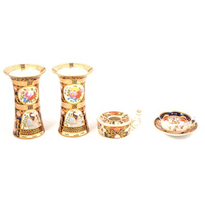 Lot 84 - Pair of Staffordshire vases, a Staffordshire cup and saucer, and a Derby penstand