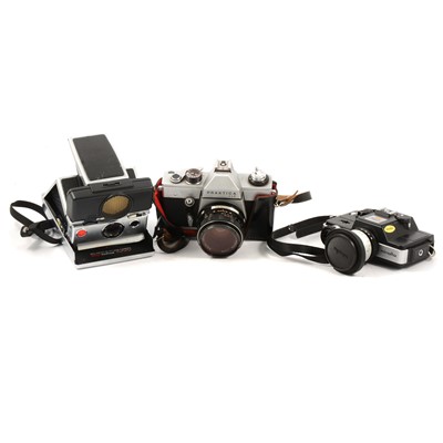 Lot 98 - Vintage film cameras, three including Polaroid SX-70 folding instant camera.