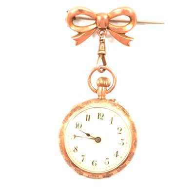 Lot 287 - A 9 carat rose gold fob watch with bow brooch.