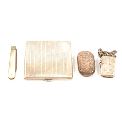 Lot 412 - A silver cigarette case, two vesta cases and a fruit knife.