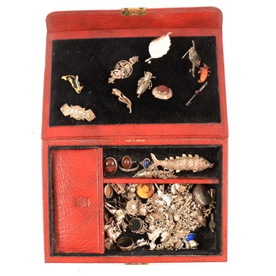 Lot 406 - A red leather jewellery box with vintage silver jewellery, Georgian vinaigrette.