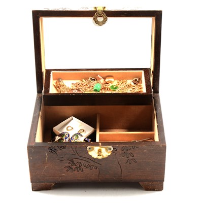 Lot 399 - A wooden jewel box with vintage jewellery and some scrap gold.