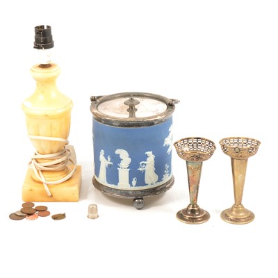 Lot 196 - Box of miscellaneous wares including metalware, coins, lamps, etc