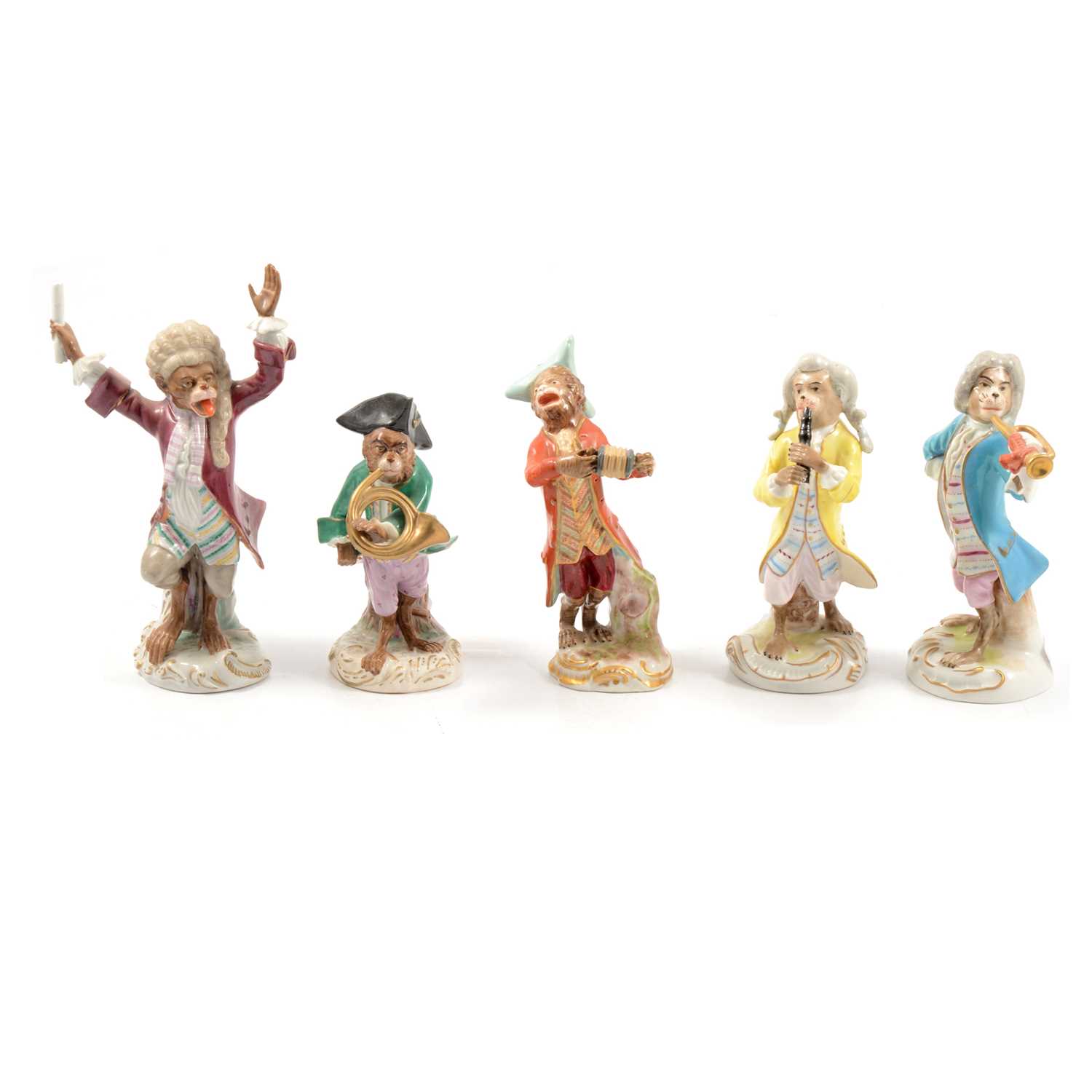 Lot 5 - Five Dresden porcelain monkey band figures