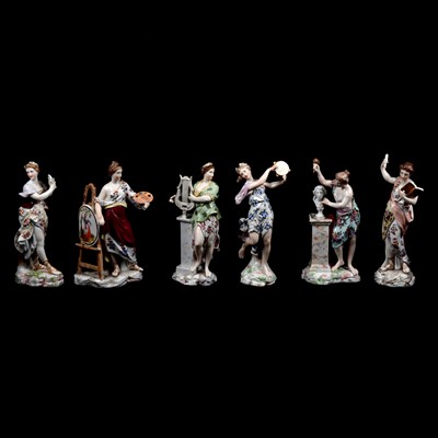 Lot 131 - Set of six Sitzendorf porcelain figures emblematic of the Arts