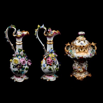 Lot 121 - Pair of Coalport style scent bottle ewers and a similar pot pourri vase