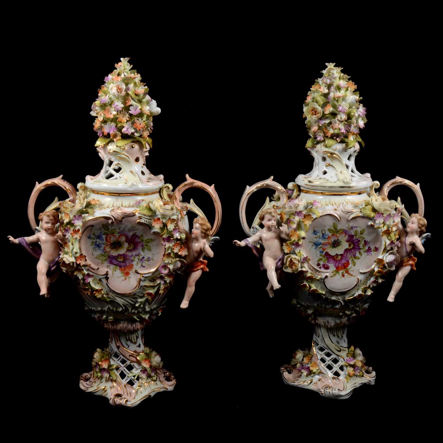Lot 124 Pair of Dresden porcelain pot pourri vases,