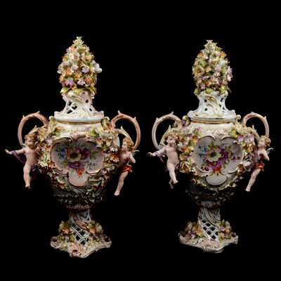 Lot 124 - Pair of Dresden porcelain pot pourri vases