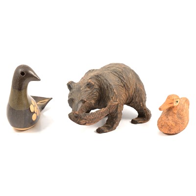 Lot 88 - Studio pottery wares, wooden and soapstone carvings, animal figurines, and other ceramics.