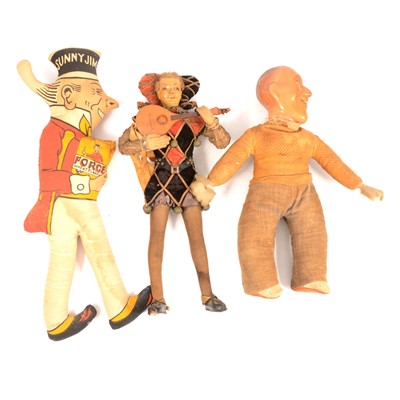 Lot 135 - Cloth puppet 'Sunny Jim', a jester puppet, and a composition headed doll