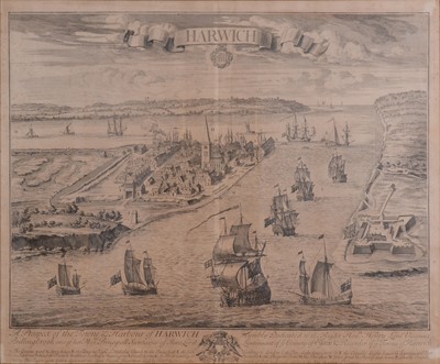 Lot 328 - Monochrome print, A prospect of the towne and harbour of Harwich