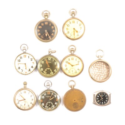 Lot 295 - Seven military pocket watches, two cases, a Hamilton wrist watch.
