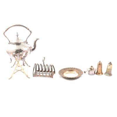 Lot 138 - Silver-plated kettle on stand, tray, teapot, milk jugs, sugar bowls and other plated wares.