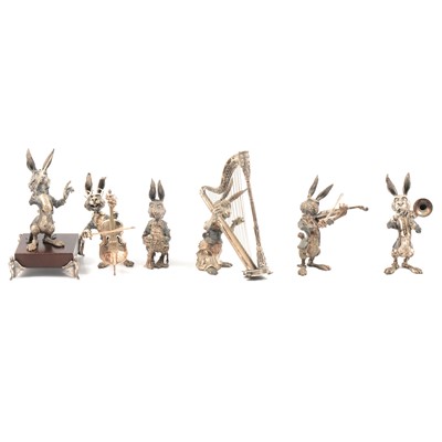 Lot 210 - Six-piece cast and patinaed white metal hare band, signed J M Calero