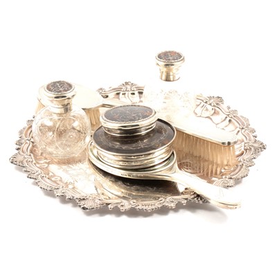 Lot 204 - Mappin & Webb silver pique ware dressing table part set, and other items