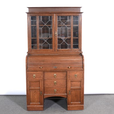 Lot 336 - Oak roll top bureau bookcase