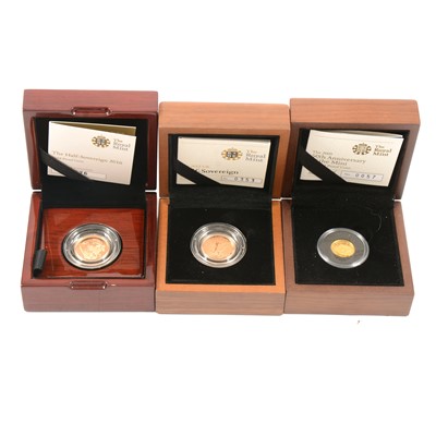 Lot 136 - Two Gold Half SovereignCoins,  Elizabeth II 2012 and 2016, and a Gold Proof £1 Coin.