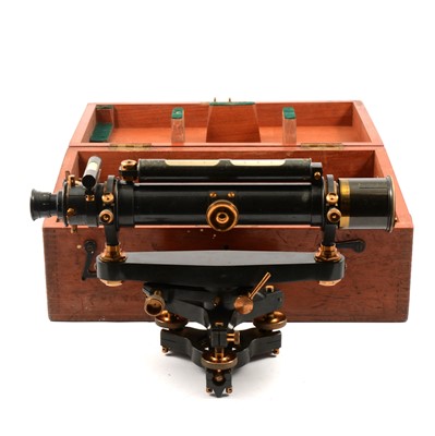 Lot 228 - Black lacquered theodolite, by Stanley, with tripod and stave