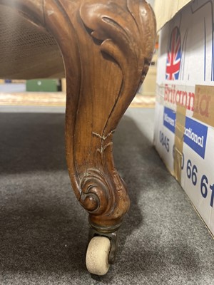 Lot 438 - A large walnut framed cabriole leg stool with ceramic castors in need of restoration.